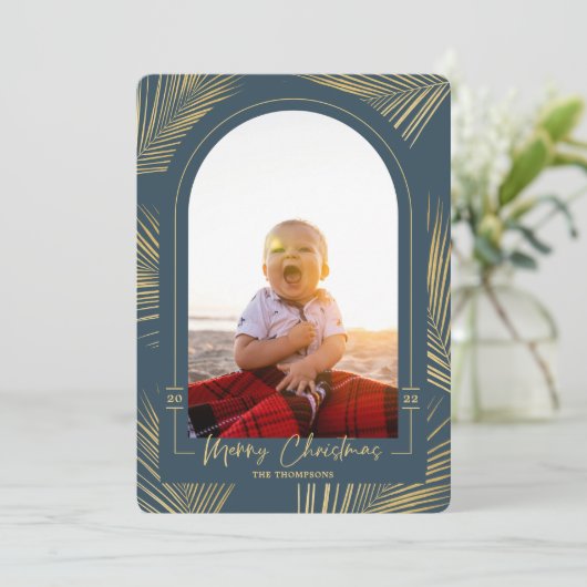 メリークリスマス金ゴールドパームブルービーチ写真 シーズンカード (スタンド正面)