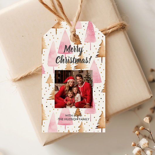 メリークリスマス金ゴールドピンクツリー ギフトタグ