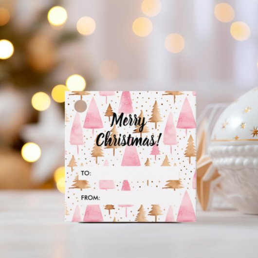 メリークリスマス金ゴールドピンクツリー フェイバータグ