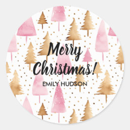 メリークリスマス金ゴールドピンクツリー ラウンドシール