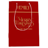 メリークリスマス金ゴールドファンシータイポグラフィ ミディアムペーパーバッグ (正面)