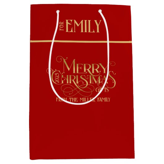 メリークリスマス金ゴールドファンシータイポグラフィ ミディアムペーパーバッグ (正面)