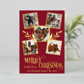 メリークリスマス金ゴールドフォトコラージュ赤 箔シーズンカード (立ち正面)