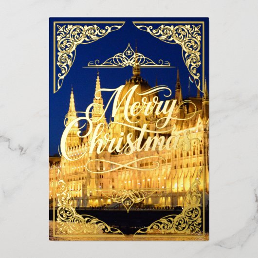 メリークリスマス金ゴールドブダペスト議会建物 箔シーズンカード (正面)