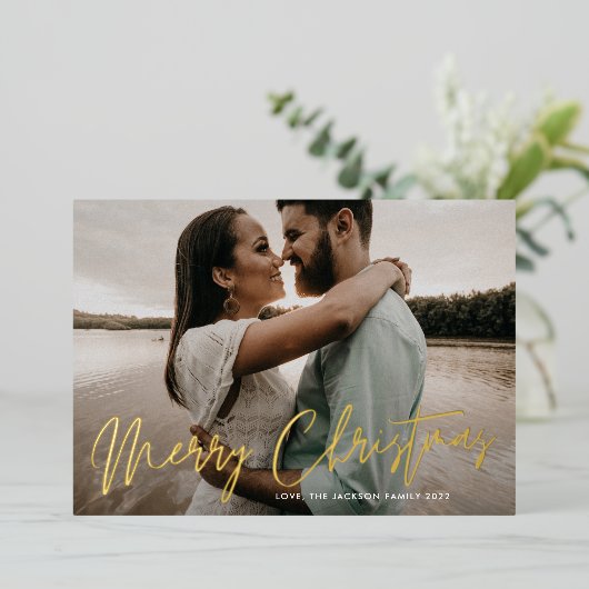 メリークリスマス金ゴールドプレス手書写真 箔シーズンカード (立ち正面)