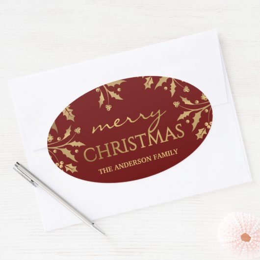 メリークリスマス金ゴールドホリデーホリーフェイクフォイル 楕円形シール (封筒)