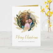 メリークリスマス金ゴールドホリーベリーリース写真 カード (黄色い花)