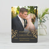 メリークリスマス金ゴールドホリーホリデーフォトカード シーズンカード (スタンド正面)