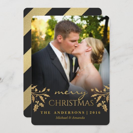 メリークリスマス金ゴールドホリーホリデーフォトカード シーズンカード (正面/裏面)