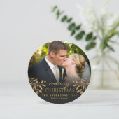 メリークリスマス金ゴールドホリー丸型フォトカード シーズンカード (スタンド正面)