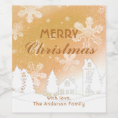 メリークリスマス金ゴールドホワイトハウススノーフレークカスタム ワインラベル (シングルラベル)