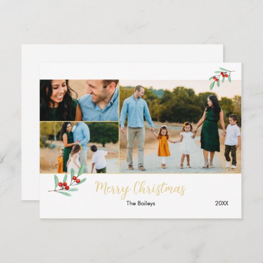 メリークリスマス金ゴールドミスタントー3フォトコラージュ シーズンカード (正面/裏面)