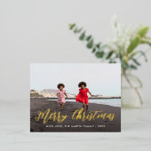 メリークリスマス金ゴールドワンフォトホリデーグリーティング 箔シーズンポストカード (立ち正面)