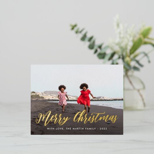 メリークリスマス金ゴールドワンフォトホリデーグリーティング 箔シーズンポストカード (立ち正面)