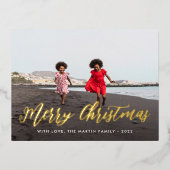 メリークリスマス金ゴールドワンフォトホリデーグリーティング 箔シーズンポストカード (正面)