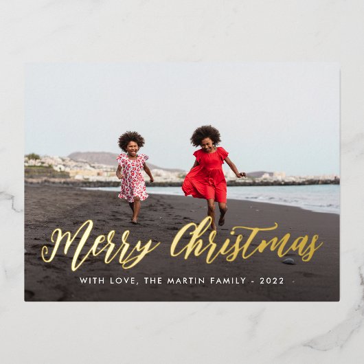 メリークリスマス金ゴールドワンフォトホリデーグリーティング 箔シーズンポストカード (正面)