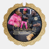メリークリスマス金ゴールド写真テンプレート オーナメントカード (正面)