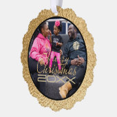 メリークリスマス金ゴールド写真テンプレート オーナメントカード (左)