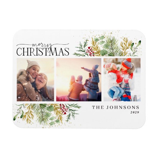 メリークリスマス金ゴールド冬の植物写真ホリド マグネット (横)