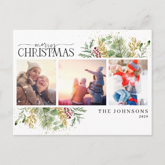 メリークリスマス金ゴールド冬の植物写真Holida シーズンポストカード (正面)