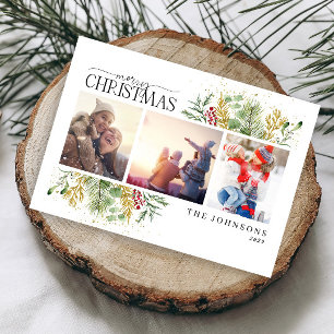 メリークリスマス金ゴールド冬の植物写真Holida シーズンポストカード