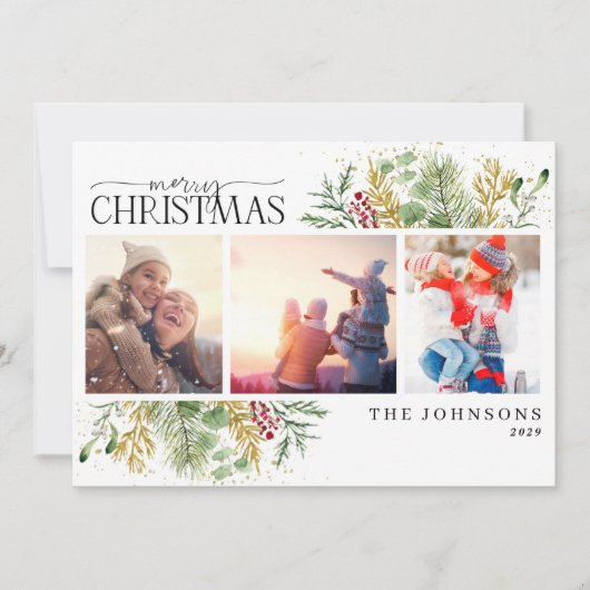メリークリスマス金ゴールド冬季植物写真 シーズンカード (正面)