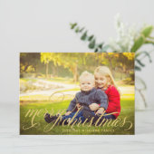 メリークリスマス金ゴールド手書きスクリプトフォト シーズンカード (スタンド正面)