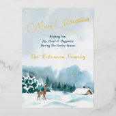 メリークリスマス金ゴールド文字水彩冬の風景 箔シーズンカード (正面)