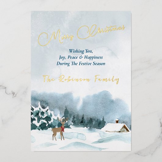 メリークリスマス金ゴールド文字水彩冬の風景 箔シーズンカード (正面)