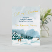 メリークリスマス金ゴールド文字水彩冬の風景 箔シーズンカード (立ち正面)