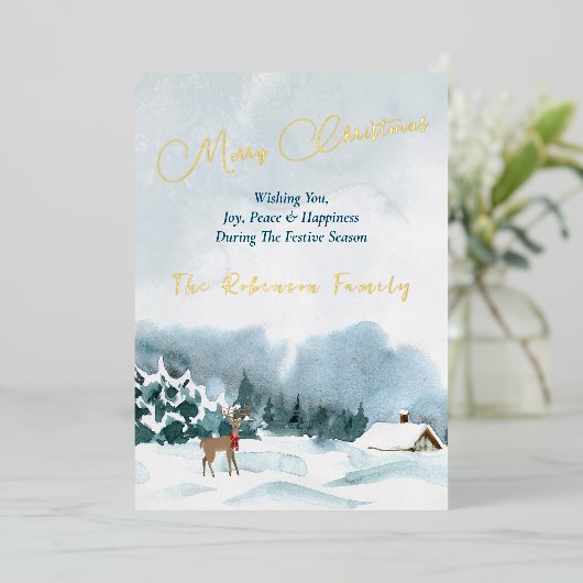 メリークリスマス金ゴールド文字水彩冬の風景 箔シーズンカード (立ち正面)