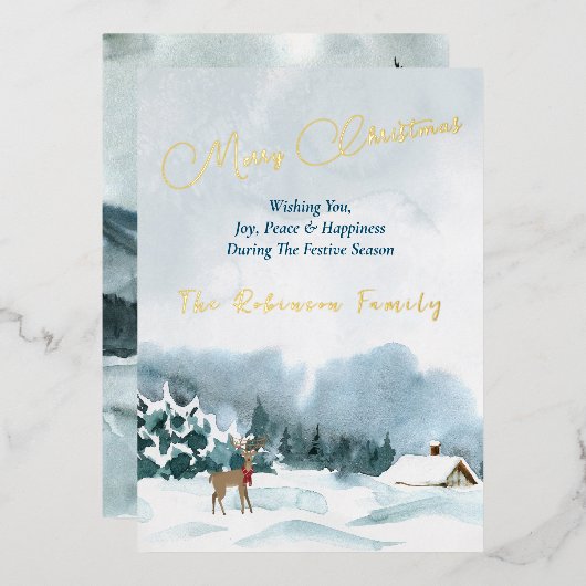 メリークリスマス金ゴールド文字水彩冬の風景 箔シーズンカード (正面/裏面)