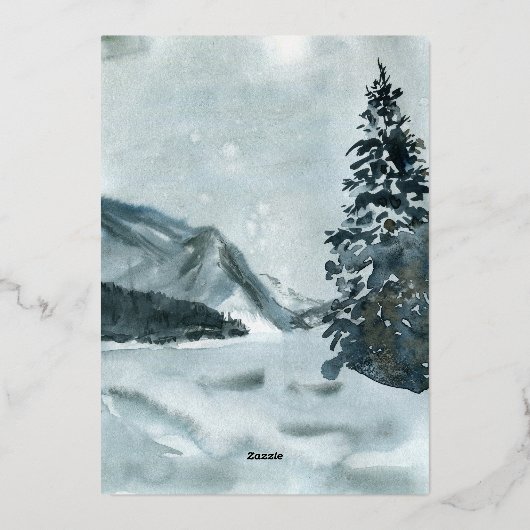 メリークリスマス金ゴールド文字水彩冬の風景 箔シーズンカード (裏面)