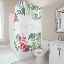 メリークリスマス金ゴールド水彩柊 シャワーカーテン