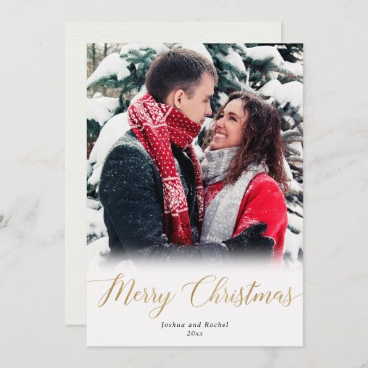 メリークリスマス金ゴールド白シンプル色のフォトカード (正面/裏面)