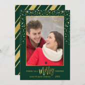 メリークリスマス金ゴールド紙吹雪ホリデーフォトグリーン シーズンカード (正面/裏面)