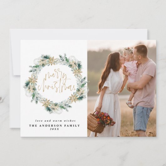 メリークリスマス金ゴールド緑のリースグリーティング ノートカード (正面)