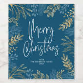 メリークリスマス金ゴールド緑ダークブルークリスマス ワインラベル (シングルラベル)