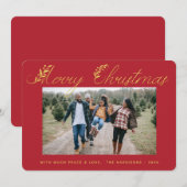 メリークリスマス金ゴールド葉タイポグラフィレッドフォト シーズンカード (正面/裏面)