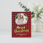 メリークリスマス金ゴールド赤い格子模様の写真カード シーズンポストカード (スタンド正面)