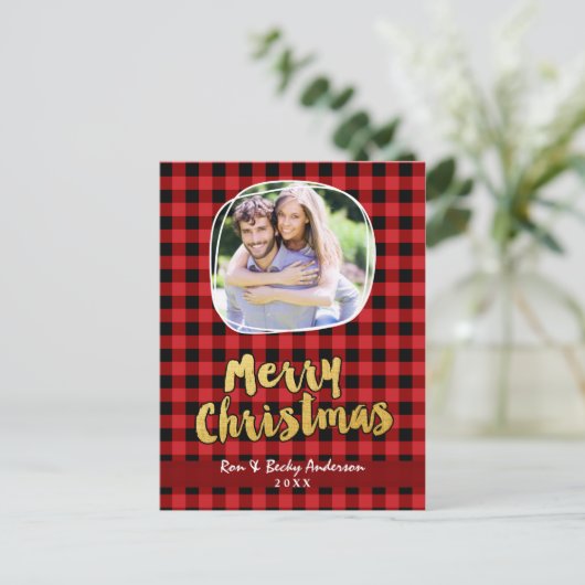 メリークリスマス金ゴールド赤い格子模様の写真カード シーズンポストカード (スタンド正面)