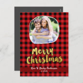 メリークリスマス金ゴールド赤い格子模様の写真カード シーズンポストカード (正面/裏面)