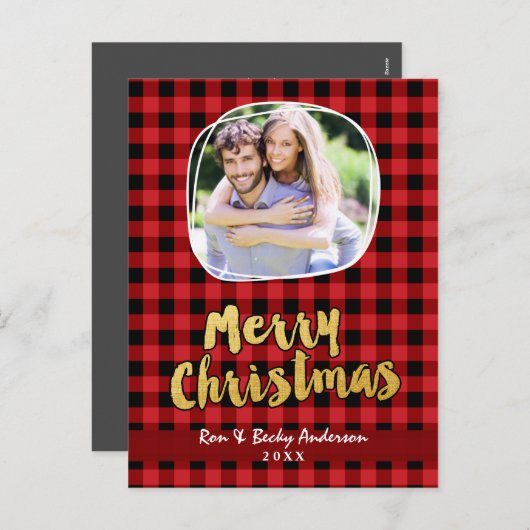 メリークリスマス金ゴールド赤い格子模様の写真カード シーズンポストカード (正面/裏面)