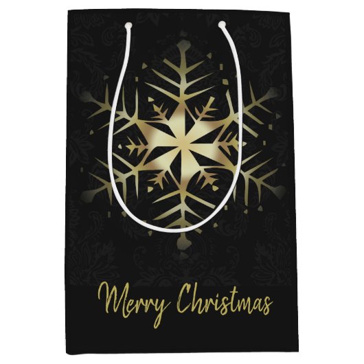 メリークリスマス金ゴールド雪片 ミディアムペーパーバッグ (正面)
