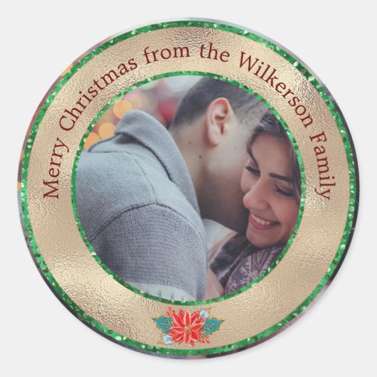 メリークリスマス金ゴールド&グリーングリッターカスタム写真 ラウンドシール (正面)
