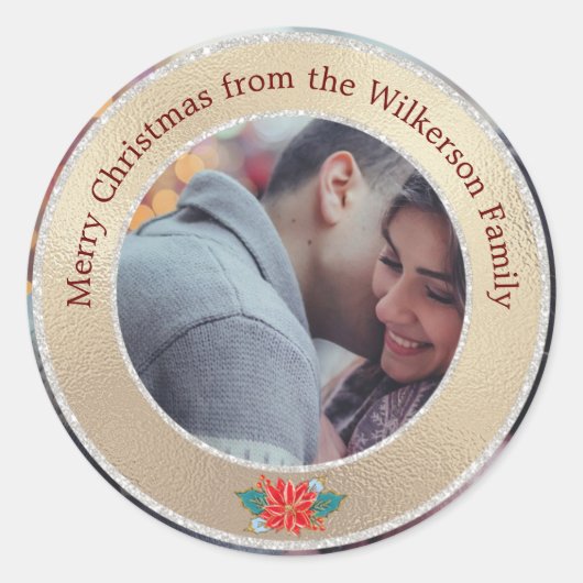 メリークリスマス金ゴールド&シルバーカスタムフォト ラウンドシール (正面)