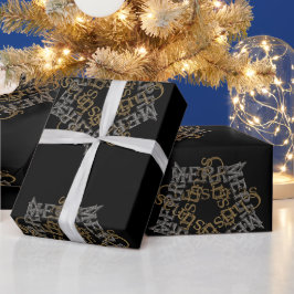 メリークリスマス金ゴールド&シルバースターブラックラージ ラッピングペーパー