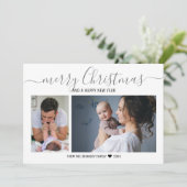 メリークリスマス銀の雪片2枚の写真コラージュ シーズンカード (スタンド正面)