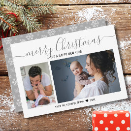 メリークリスマス銀の雪片2枚の写真コラージュ シーズンカード