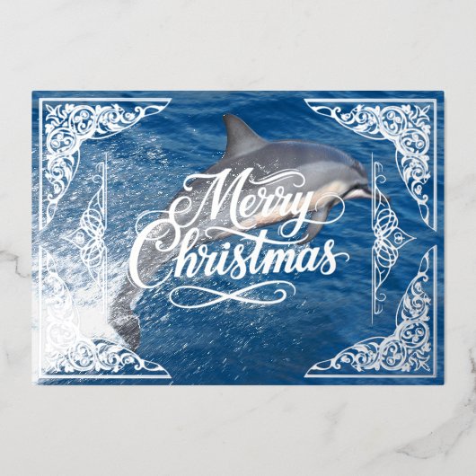 メリークリスマス銀箔フィリーグリー，イルカ 箔シーズンカード (正面)